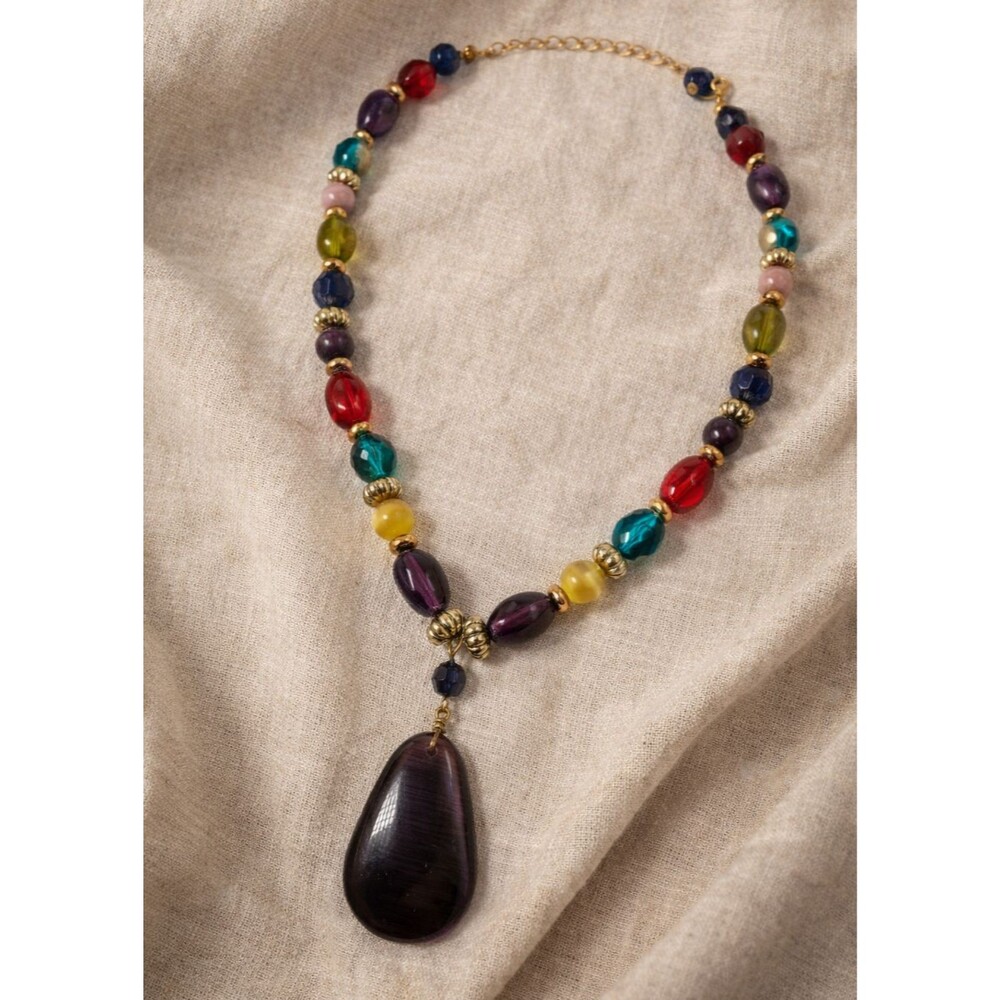 Vintage Estate Multi Color Beaded Drop Pendant Necklace Boho Chic Statement